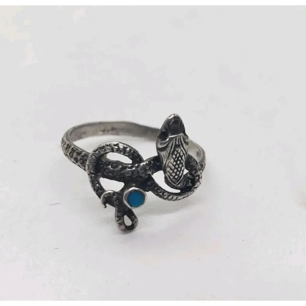 VTG Snake Ring With Turquoise 925 Sterling Silver Coiled Detailed Native 7.75